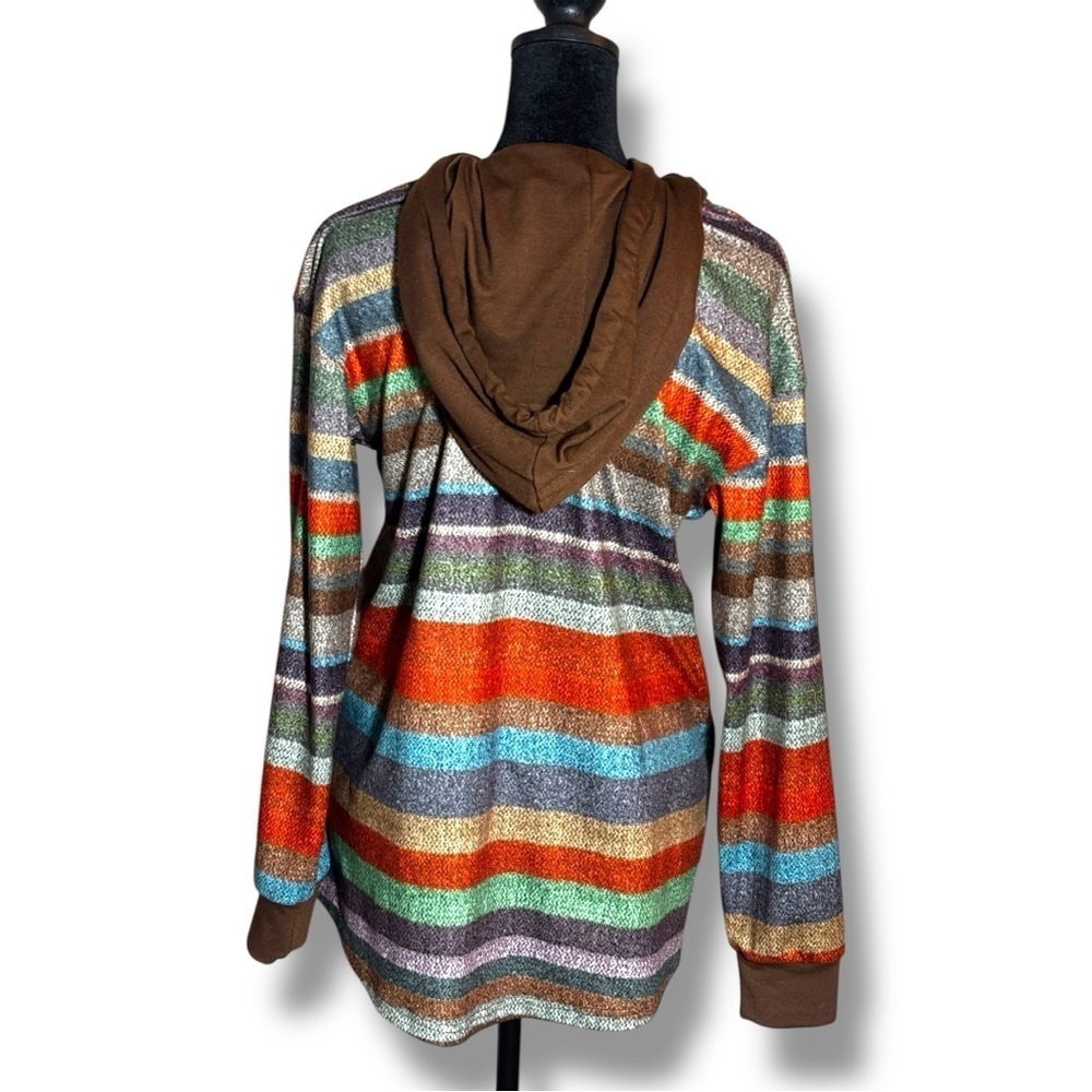 Striped Multicolor Button Up Brown Hood and Front Pocket Long Sleeve Sweater - Picture 16 of 16